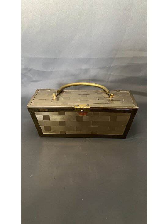 Handbags - Woven Brass Metallic Box Purse With Red Lined Interior & Handle